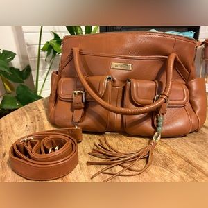 LILY JADE Elizabeth Camel Brown Aqua Leather Diaper Bag w/ Organizer + Pad